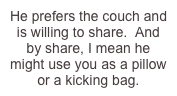 He prefers the couch and is willing to share.  And by share, I mean he might use you as a pillow or a kicking bag.